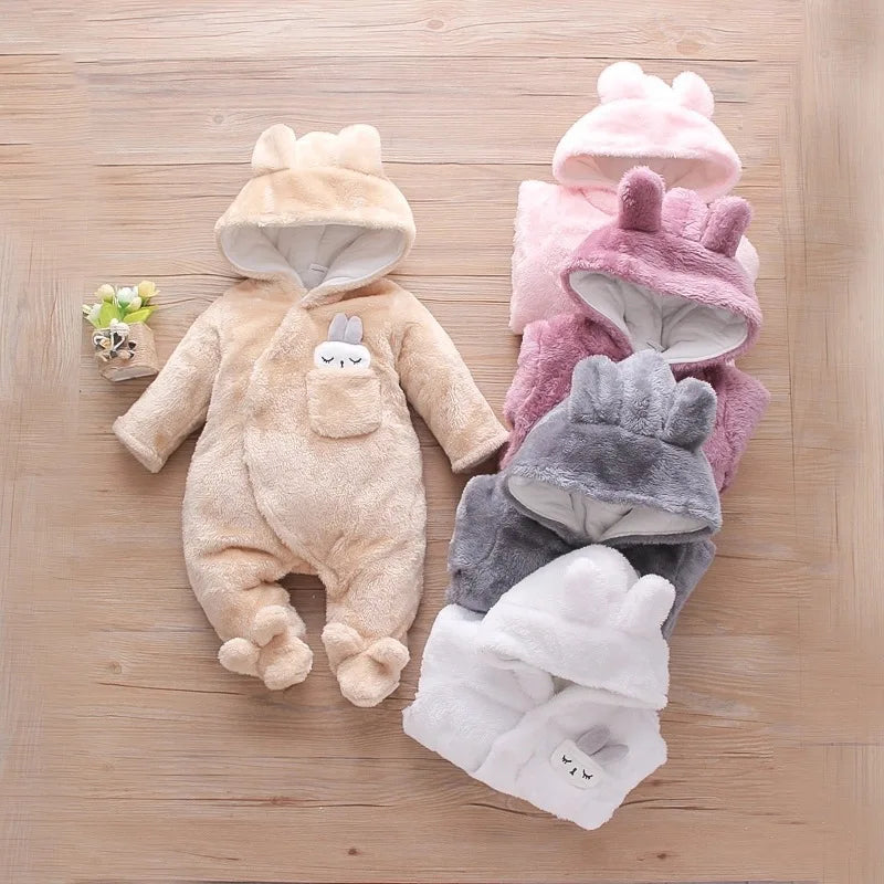 Baby Plush Hooded Romper | Cartoon Animal Ear Jumpsuit Newborn–1.5Y