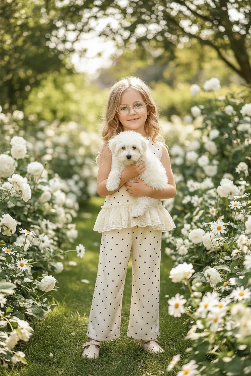 Girls Polka Dot Lace-Trim Top & Trouser Set