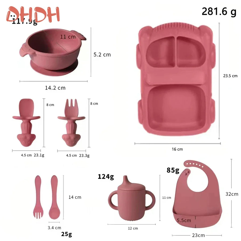 Silicone Baby Feeding Set with Suction Bowl, Plate, Spoon, Fork & Bib | BPA-Free