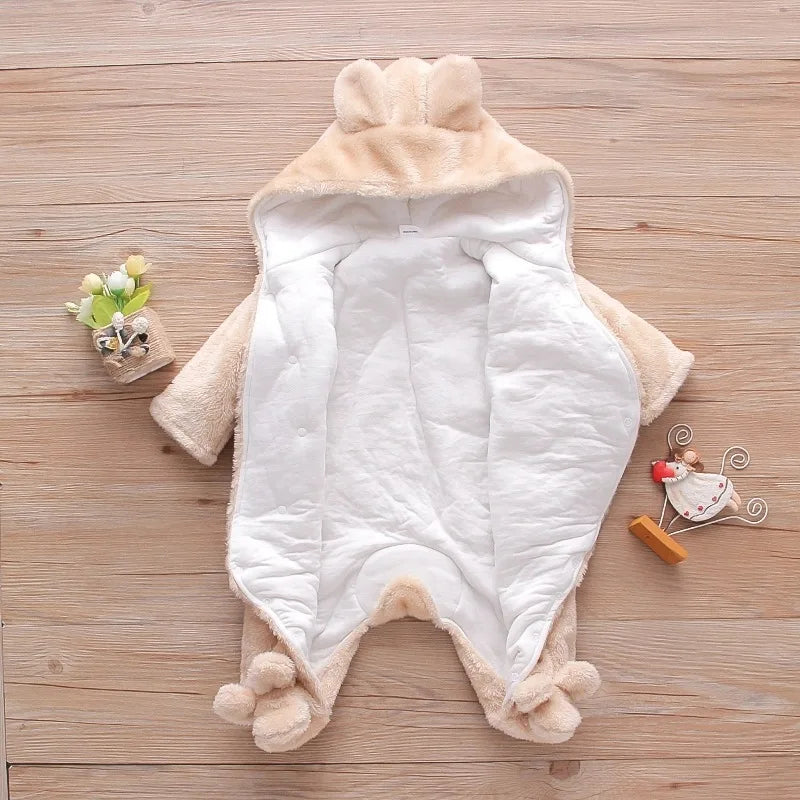 Baby Plush Hooded Romper | Cartoon Animal Ear Jumpsuit Newborn–1.5Y