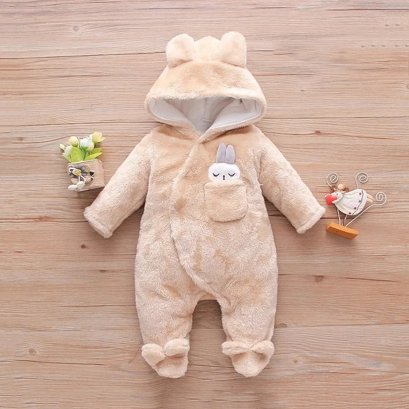 Baby Plush Hooded Romper | Cartoon Animal Ear Jumpsuit Newborn–1.5Y