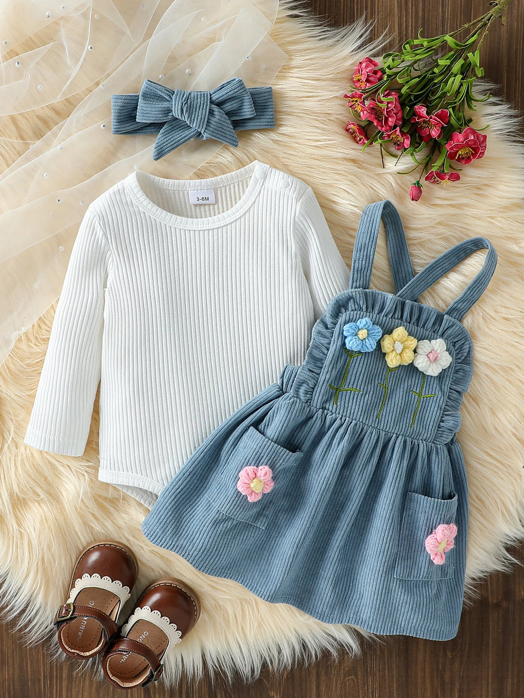 Baby Girls Autumn 3-Piece Outfit Set | Romper, Crochet Skirt & Headband