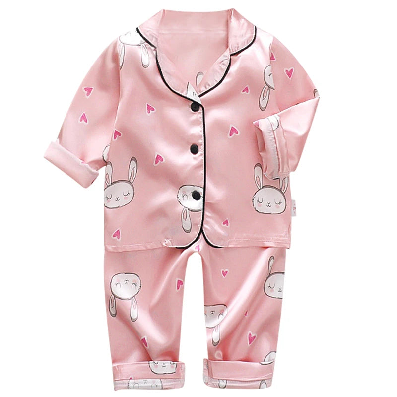 Children’s pajamas set silk satin long sleeve top+trousers two -piece male baby girl cartoon solid color set