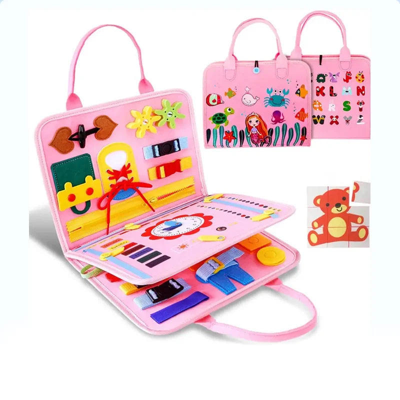 Montessori Busy Board for Toddlers - 7-in-1 Sensory Learning & Fine Motor Skills Travel Toy - Educational Felt Activity Board for Ages 2-4