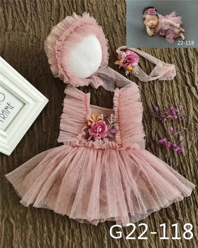 Baby Newborn Photography Props Baby Girl Lace Dress Romper Bodysuits Outfit  Hat Headband Photography Clothing
