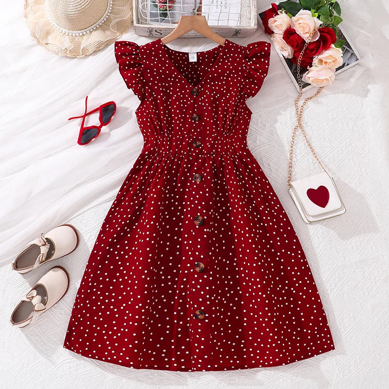 Girls Red Polka Dot V-Neck Dress (4-12Y)