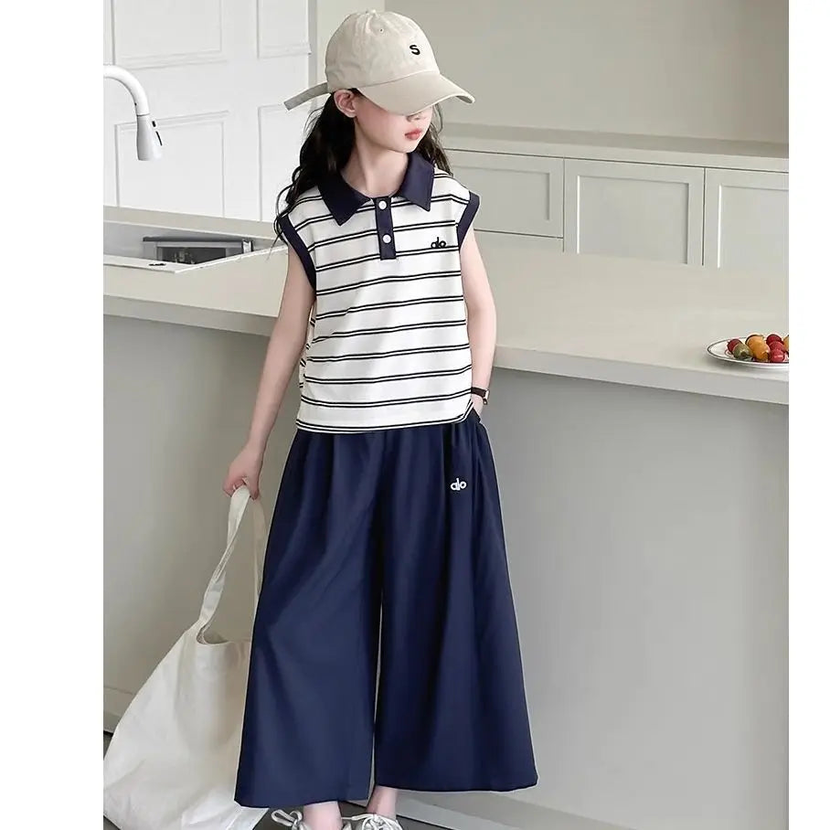 Girls' Striped Polo Vest & Wide-Leg Pants Set – 2-Piece Summer Outfit (7–13Y)