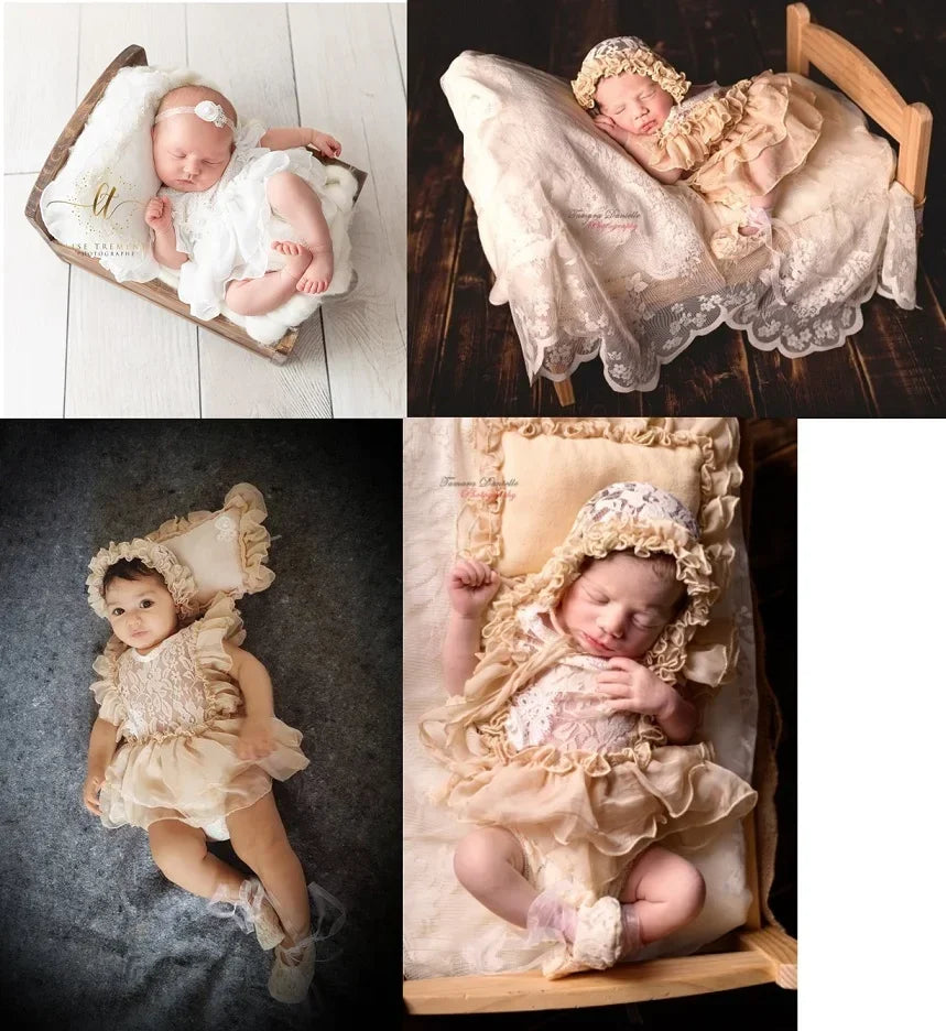 Newborn Baby Girl Photography Props Set | Lace Dress Romper, Hat & Headband 0–3M