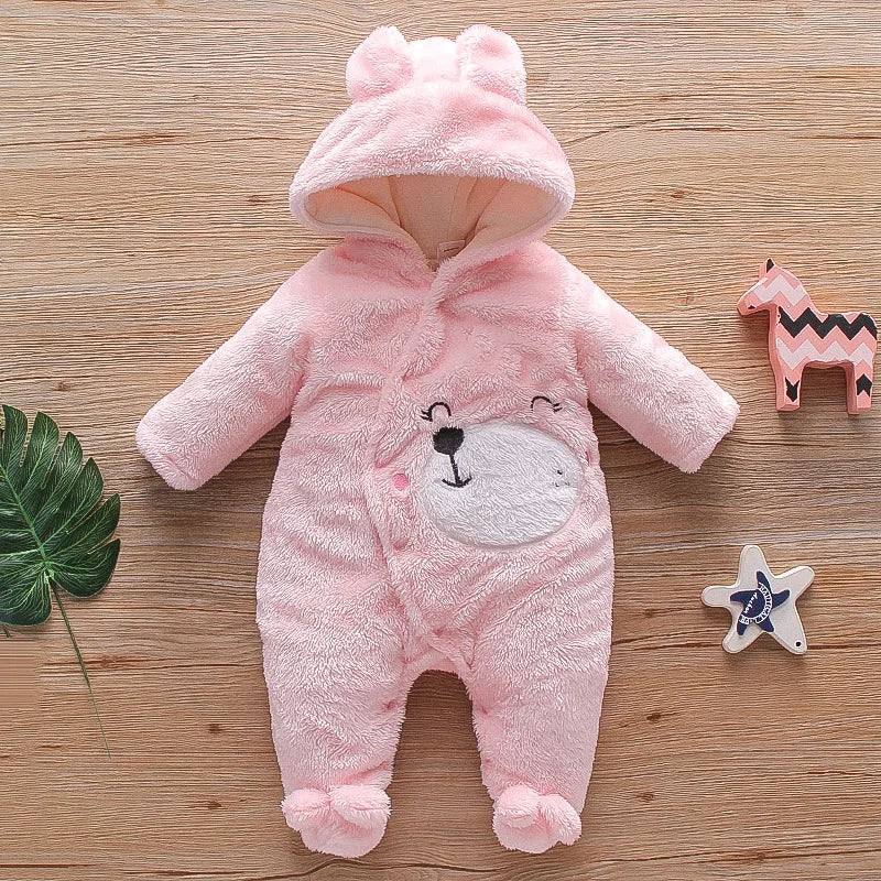 Baby Plush Hooded Romper | Cartoon Animal Ear Jumpsuit Newborn–1.5Y