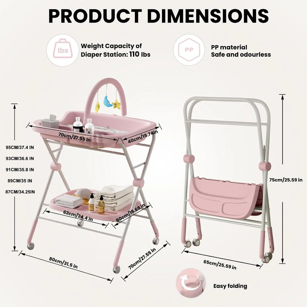 Foldable Baby Diaper Changing Table with Wheels & Storage
