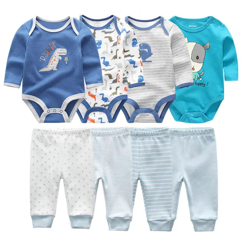 8-Piece Baby Bodysuit & Pants Set – Long Sleeve Cotton Unisex