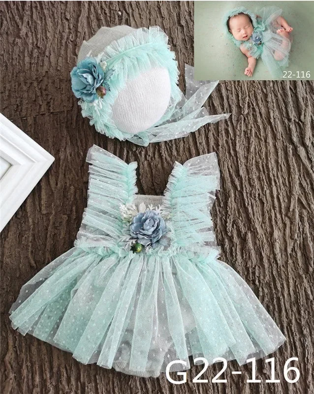 Baby Newborn Photography Props Baby Girl Lace Dress Romper Bodysuits Outfit  Hat Headband Photography Clothing