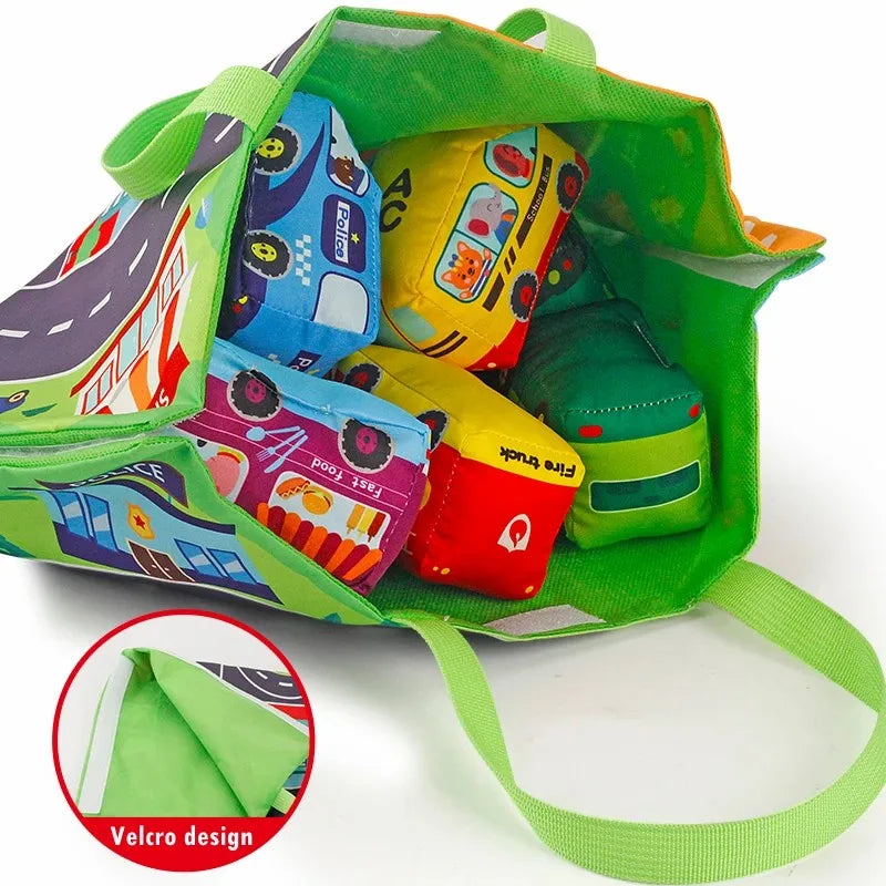 Soft Fabric Car Toy Set with Play Mat – 9-Piece Sensory Toy for Babies