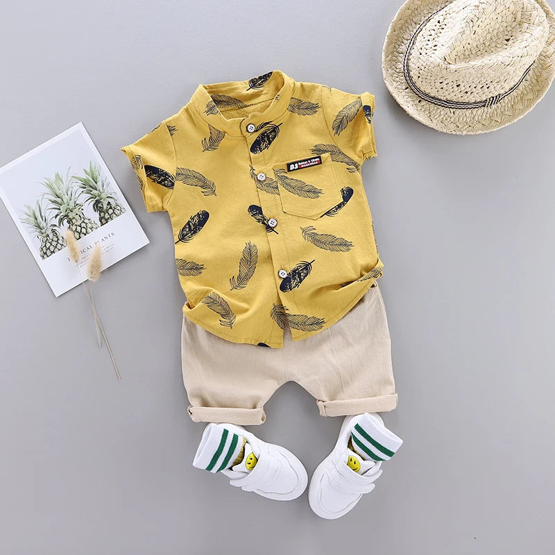 0-3 Year Old Baby Summer Feather Print Shirt Short Sleeve Suit