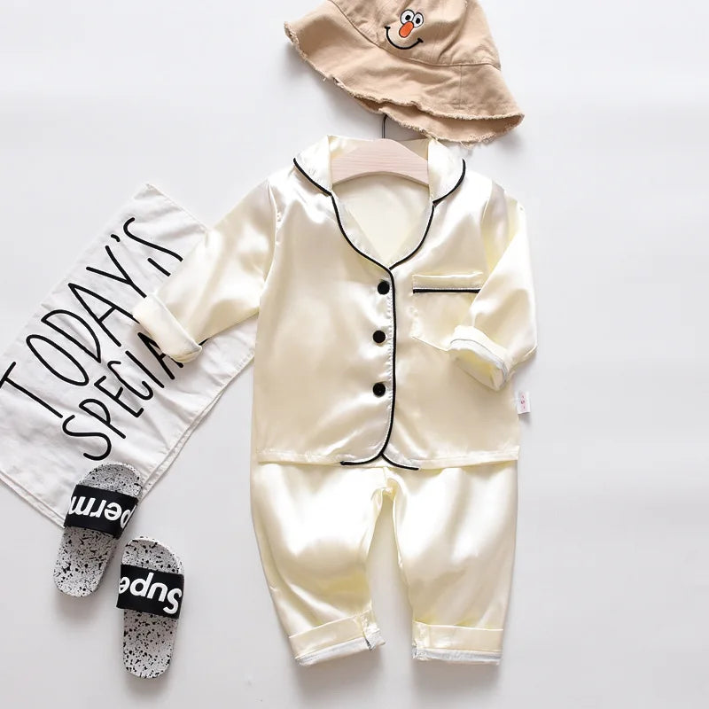 Children’s pajamas set silk satin long sleeve top+trousers two -piece male baby girl cartoon solid color set