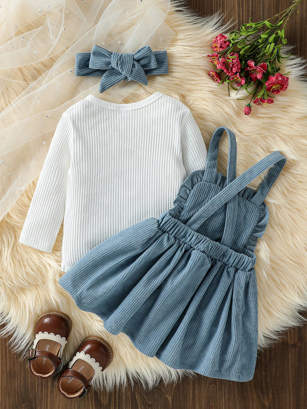 Baby Girls Autumn 3-Piece Outfit Set | Romper, Crochet Skirt & Headband