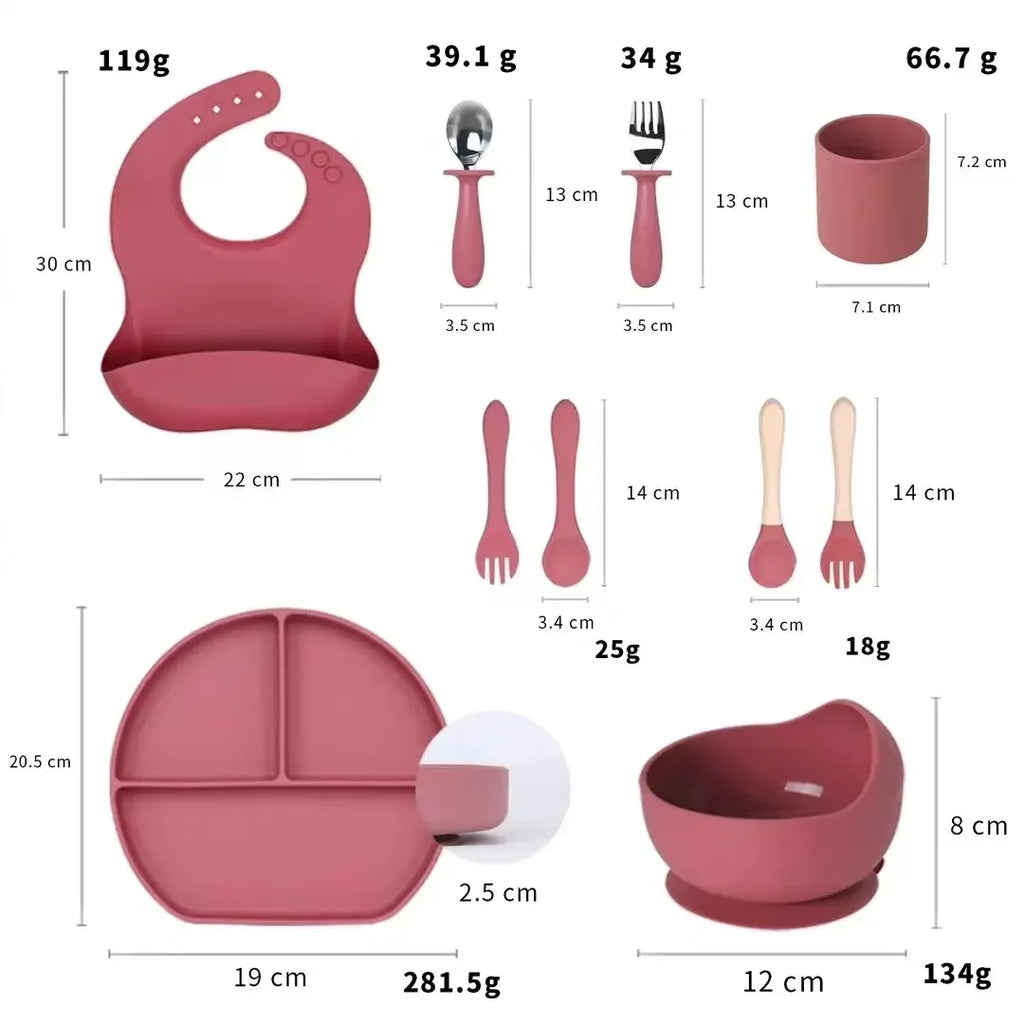 Silicone Baby Feeding Set with Suction Bowl, Plate, Spoon, Fork & Bib | BPA-Free