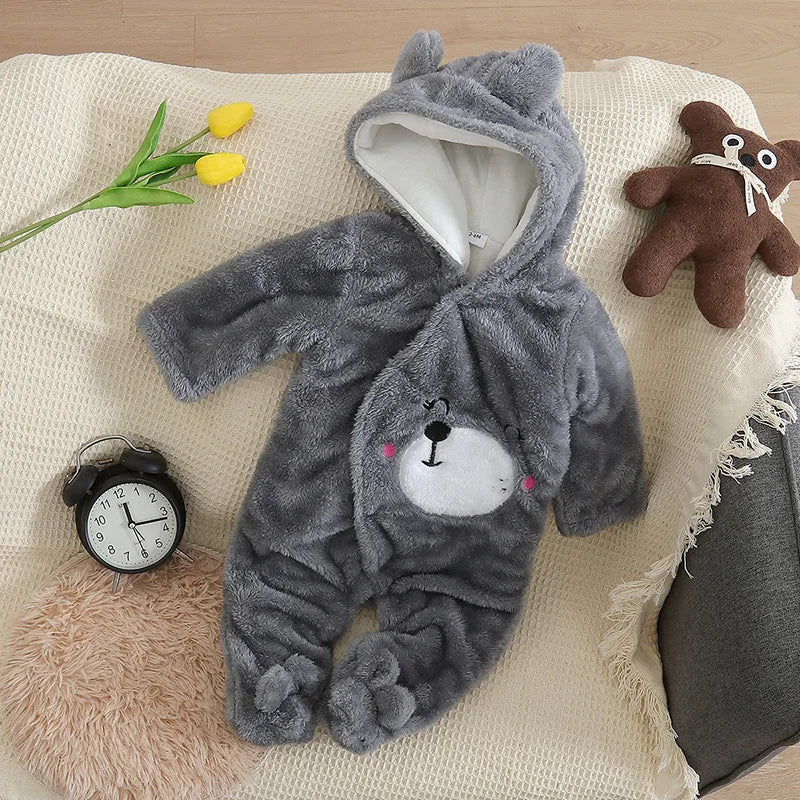 Baby Plush Hooded Romper | Cartoon Animal Ear Jumpsuit Newborn–1.5Y