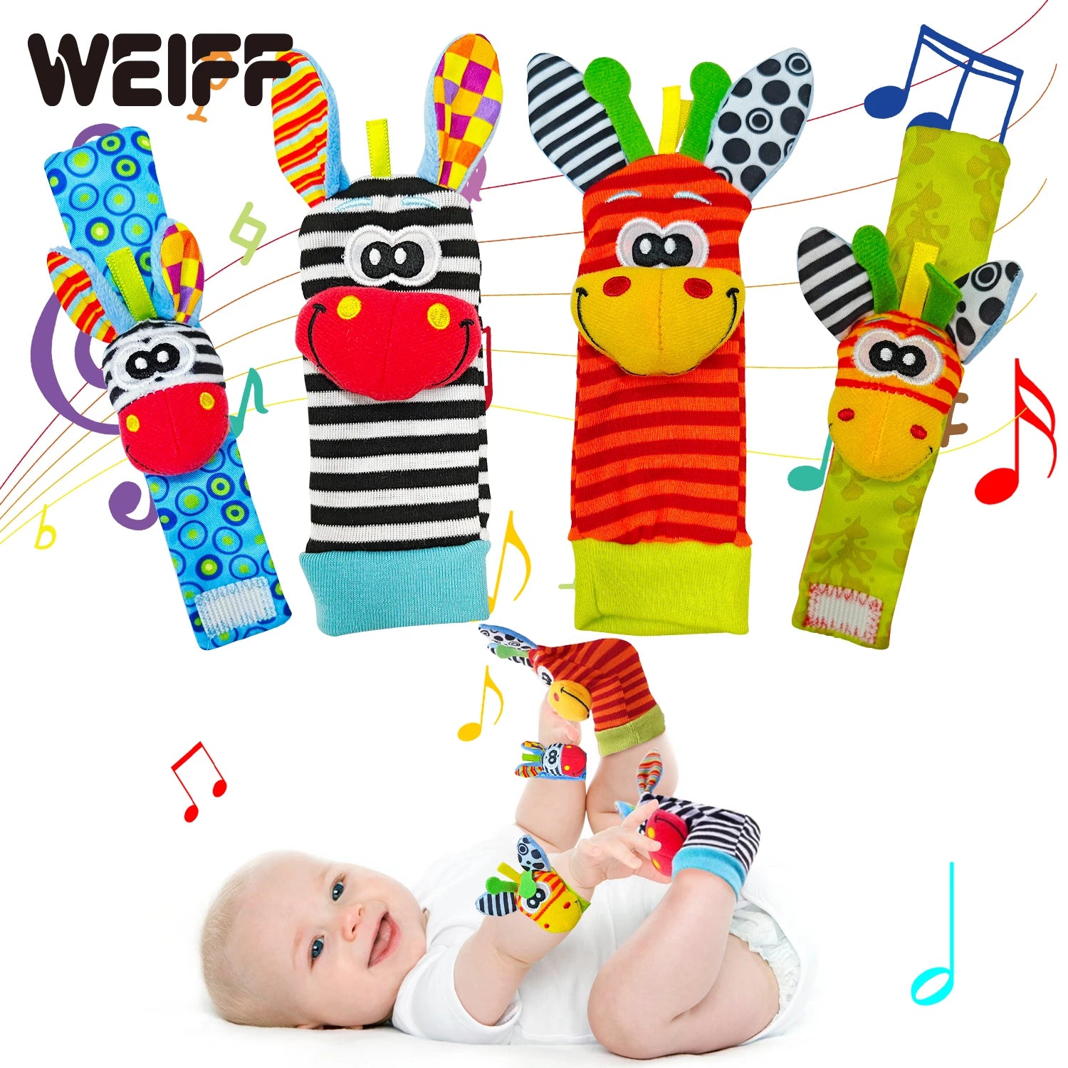 4PCS Baby Rattles Toys 0-12 Months Baby Foot Socks Sensory Toys for Babies