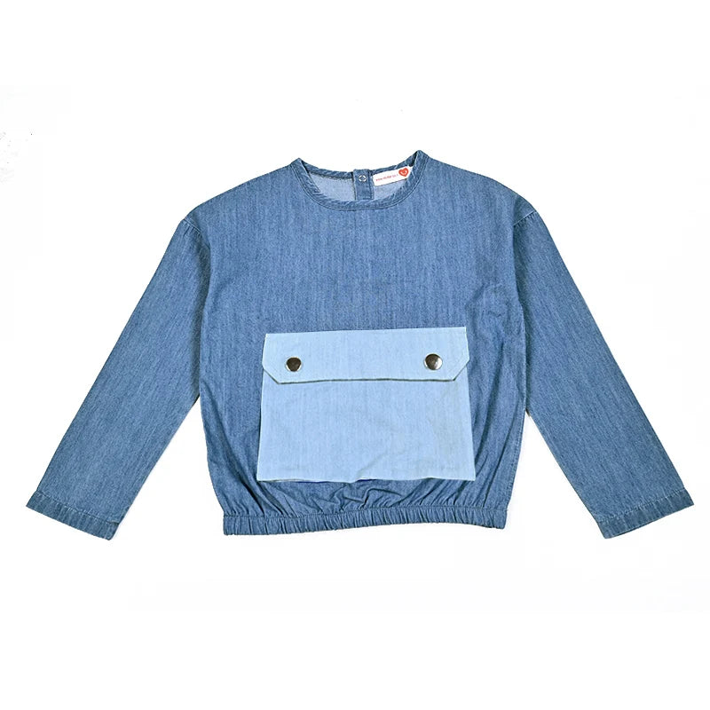 Boys summer denim long sleeve tee with contrast pocket
