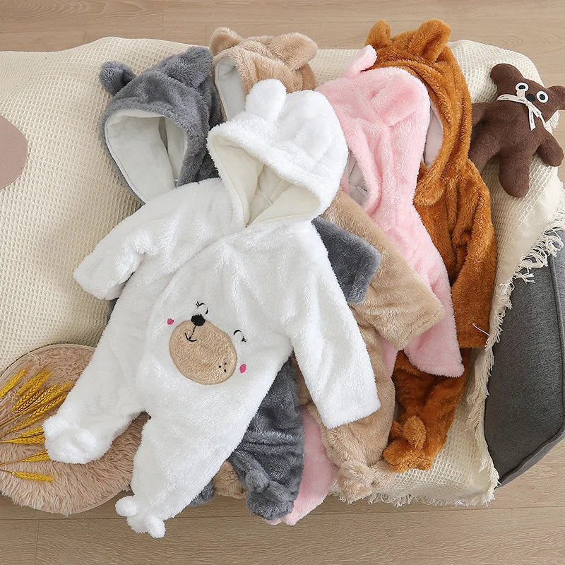 Baby Plush Hooded Romper | Cartoon Animal Ear Jumpsuit Newborn–1.5Y