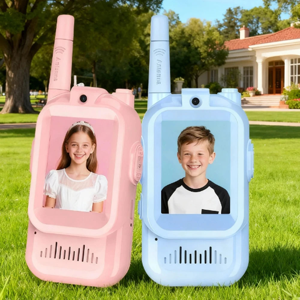 Kids video walkie talkie in blue and pink — rechargeable 2-pack for ages 3+
