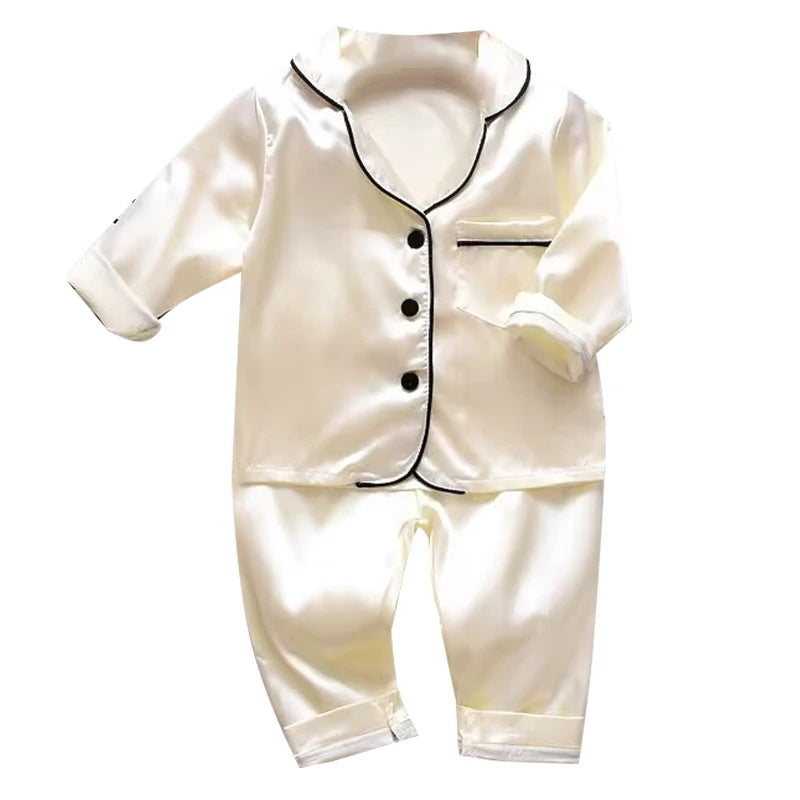 Children’s pajamas set silk satin long sleeve top+trousers two -piece male baby girl cartoon solid color set