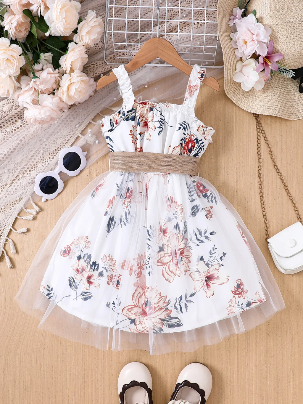 Girls Floral Mesh Suspender Dress with Belt