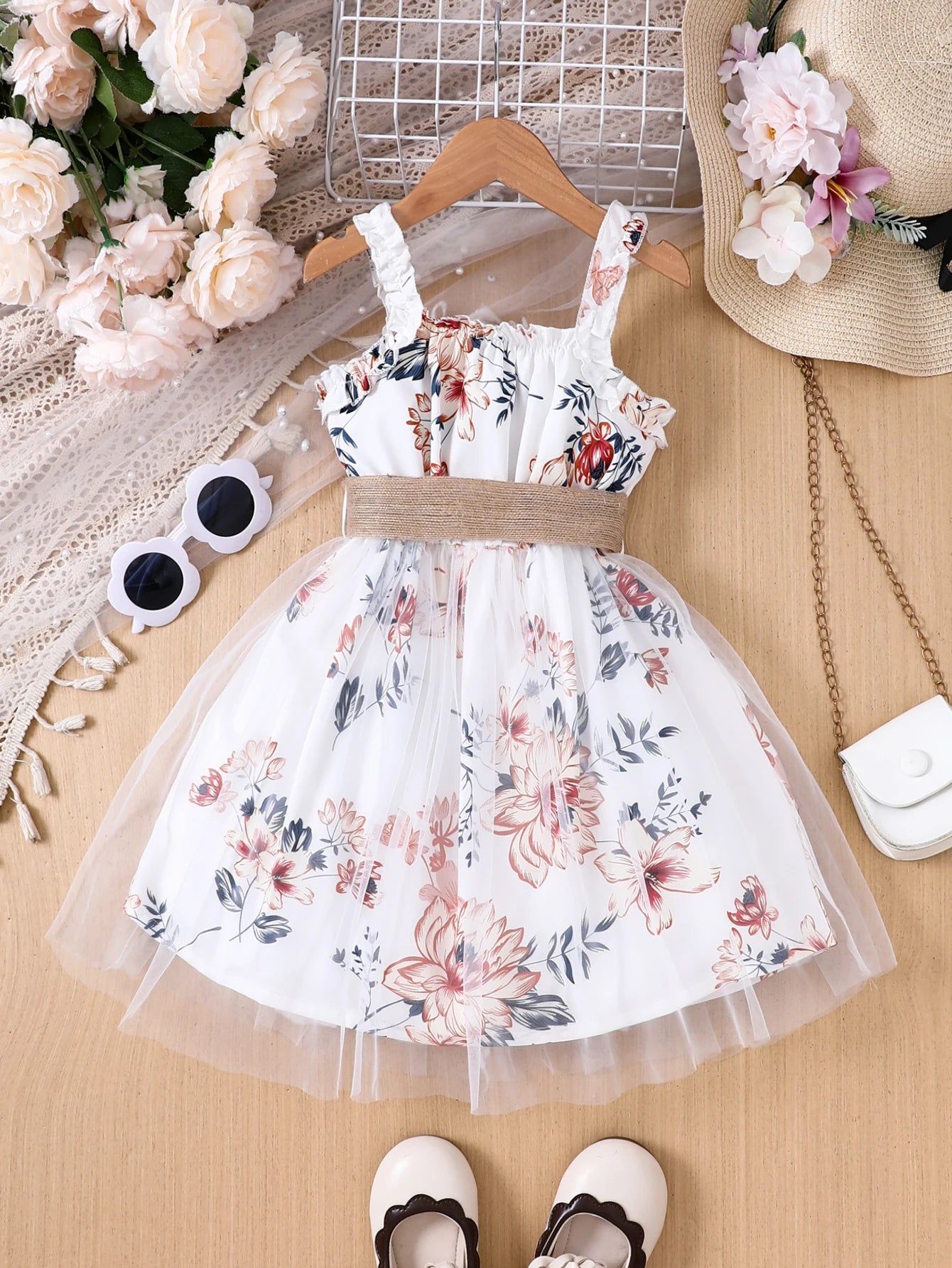 Girls Floral Mesh Suspender Dress with Belt