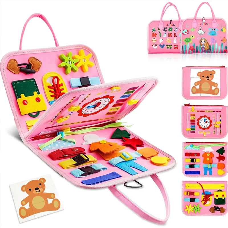 Montessori Busy Board for Toddlers - 7-in-1 Sensory Learning & Fine Motor Skills Travel Toy - Educational Felt Activity Board for Ages 2-4
