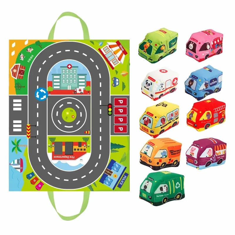 Soft Fabric Car Toy Set for Baby, with Play Mat and 9pcs Early Learning Travel Sensory  Toy, Birthday Gifts for Toddler