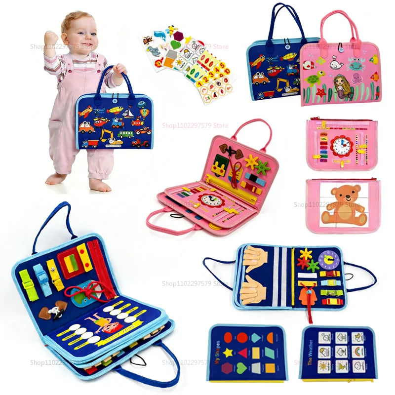 Montessori Busy Board for Toddlers - 7-in-1 Sensory Learning & Fine Motor Skills Travel Toy - Educational Felt Activity Board for Ages 2-4