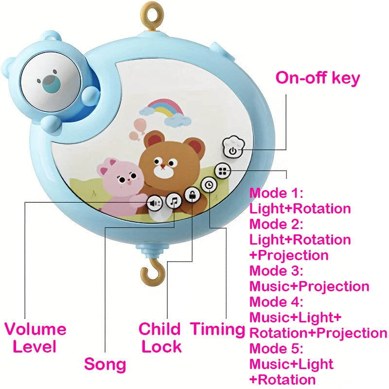 360° Musical Baby Crib Mobile Rotating Night Light Bed Bell Toy Four Speed Timming Hanging Infant Newborn Rattle Bedside Gift