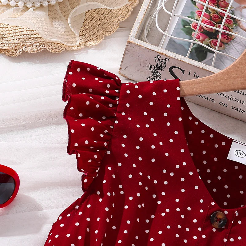 Girls Red Polka Dot V-Neck Dress (4-12Y)