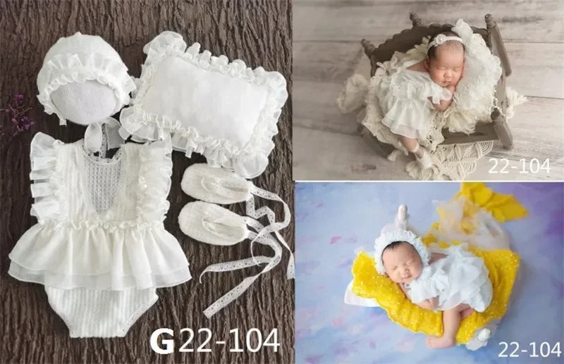 Newborn Baby Girl Photography Props Set | Lace Dress Romper, Hat & Headband 0–3M