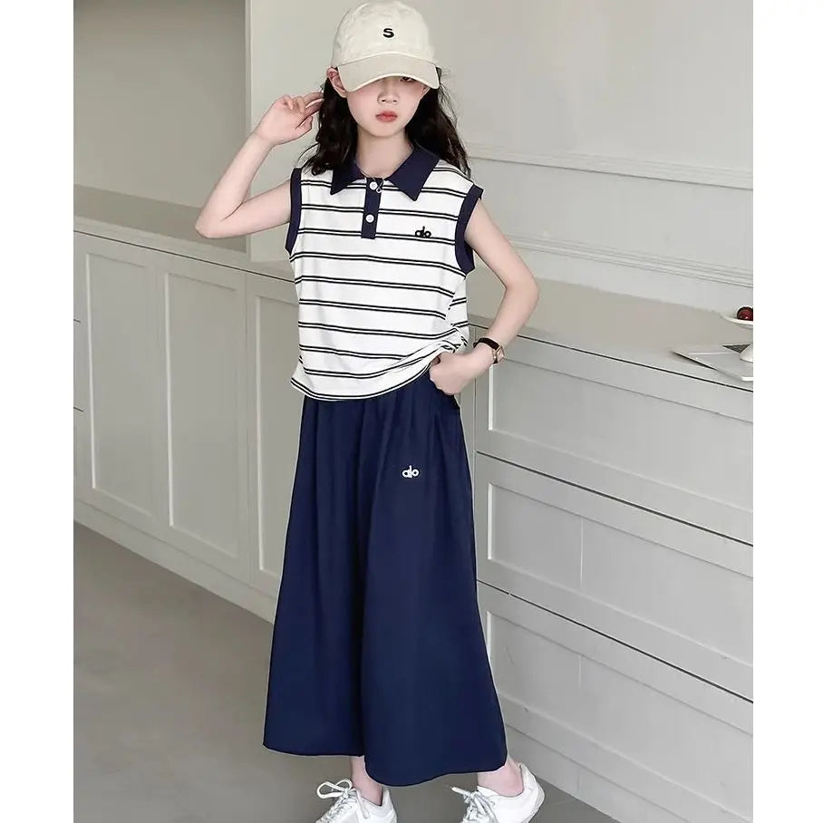 Girls' Striped Polo Vest & Wide-Leg Pants Set – 2-Piece Summer Outfit (7–13Y)