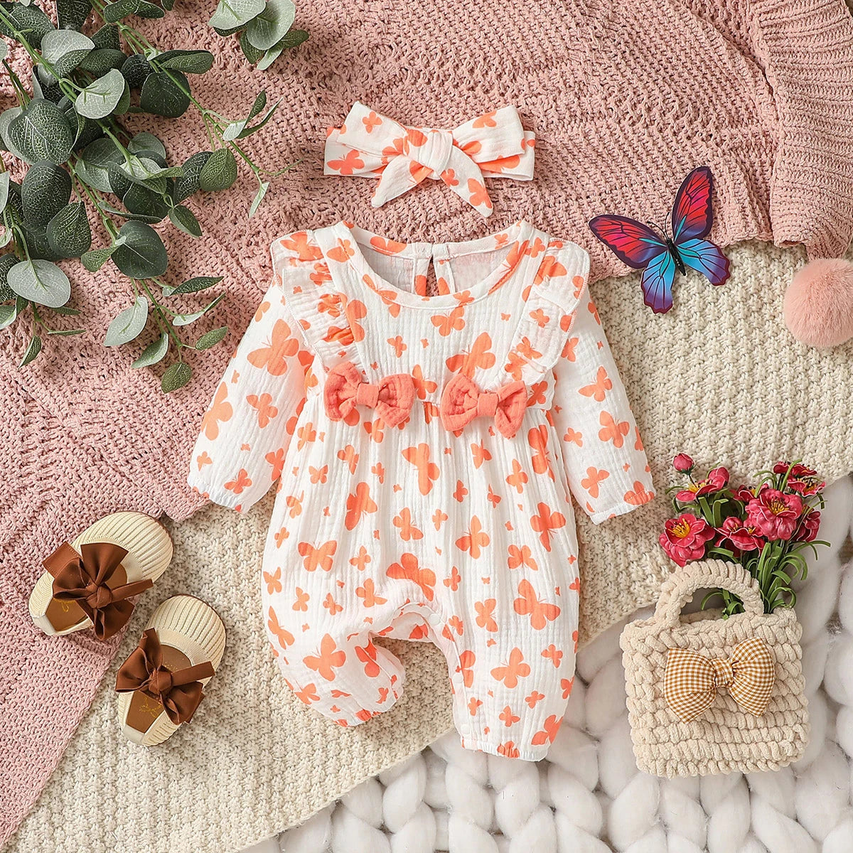 Baby Girl's All Seasons Long Sleeve Print Floral With Bow Daily Jumpsuit For Newborn-6M Clothes +Headband