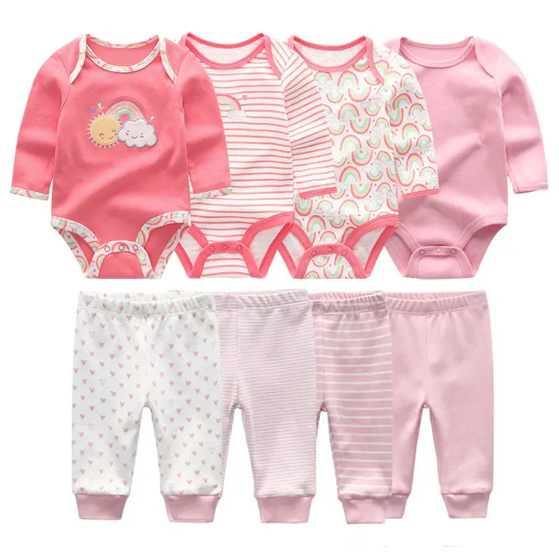 8-Piece Baby Bodysuit & Pants Set – Long Sleeve Cotton Unisex