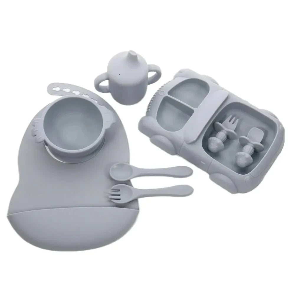 Silicone Baby Feeding Set Tableware Baby Food Dish Fork Spoon Suction Bowl Divided Plate Bib Cup Baby Led Weaning Supplies