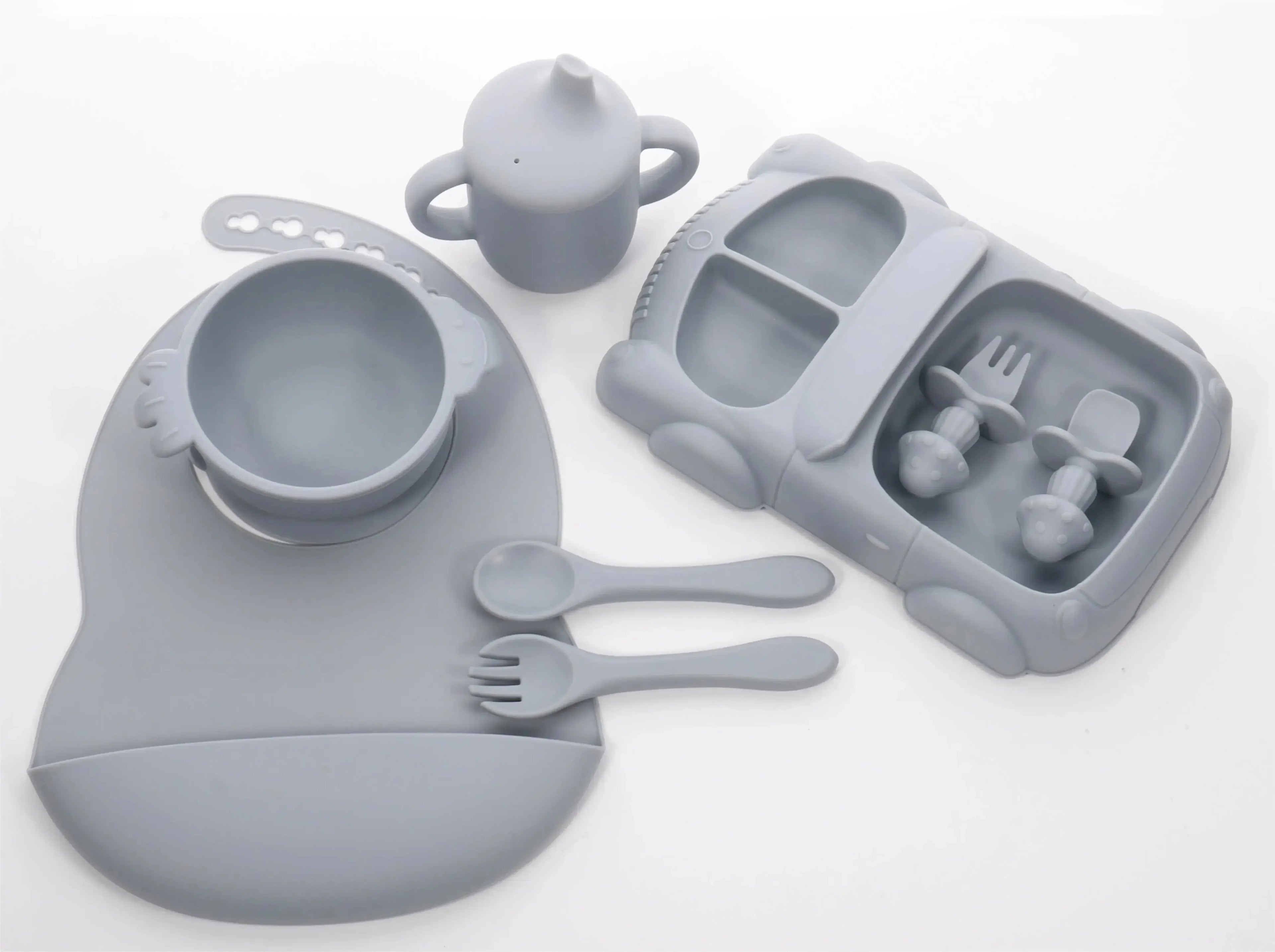 Silicone Baby Feeding Set with Suction Bowl, Plate, Spoon, Fork & Bib | BPA-Free