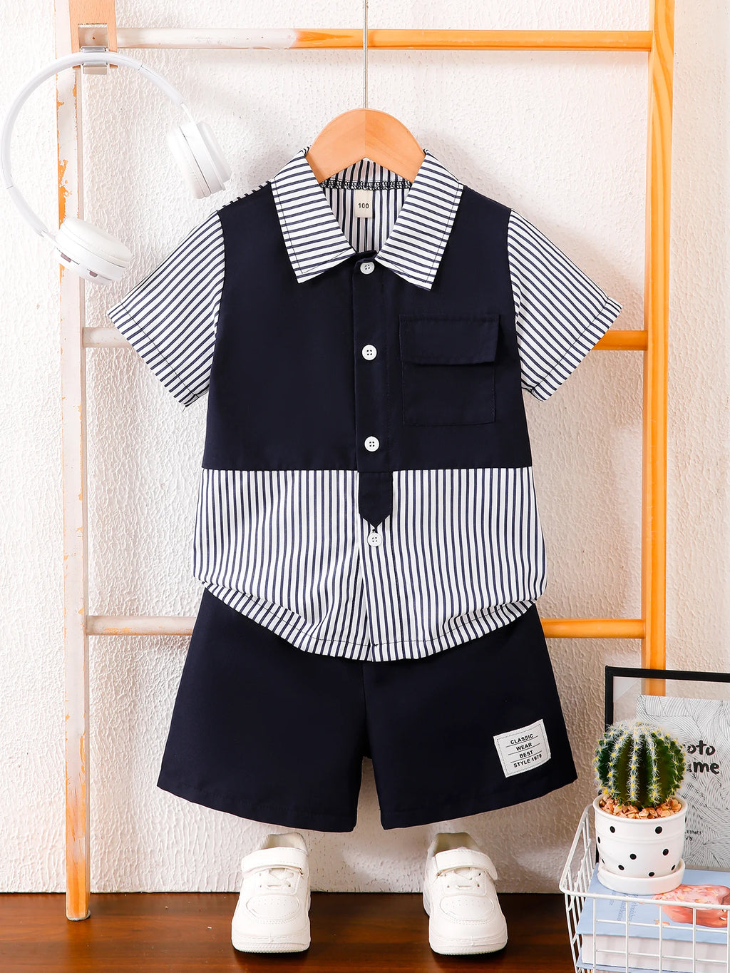 Boys Short Sleeve Shirt & Shorts 2-Piece Set | Striped Splice Design | Mini Modern
