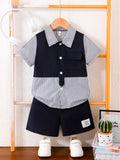 Boys Short Sleeve Shirt & Shorts 2-Piece Set | Striped Splice Design | Mini Modern
