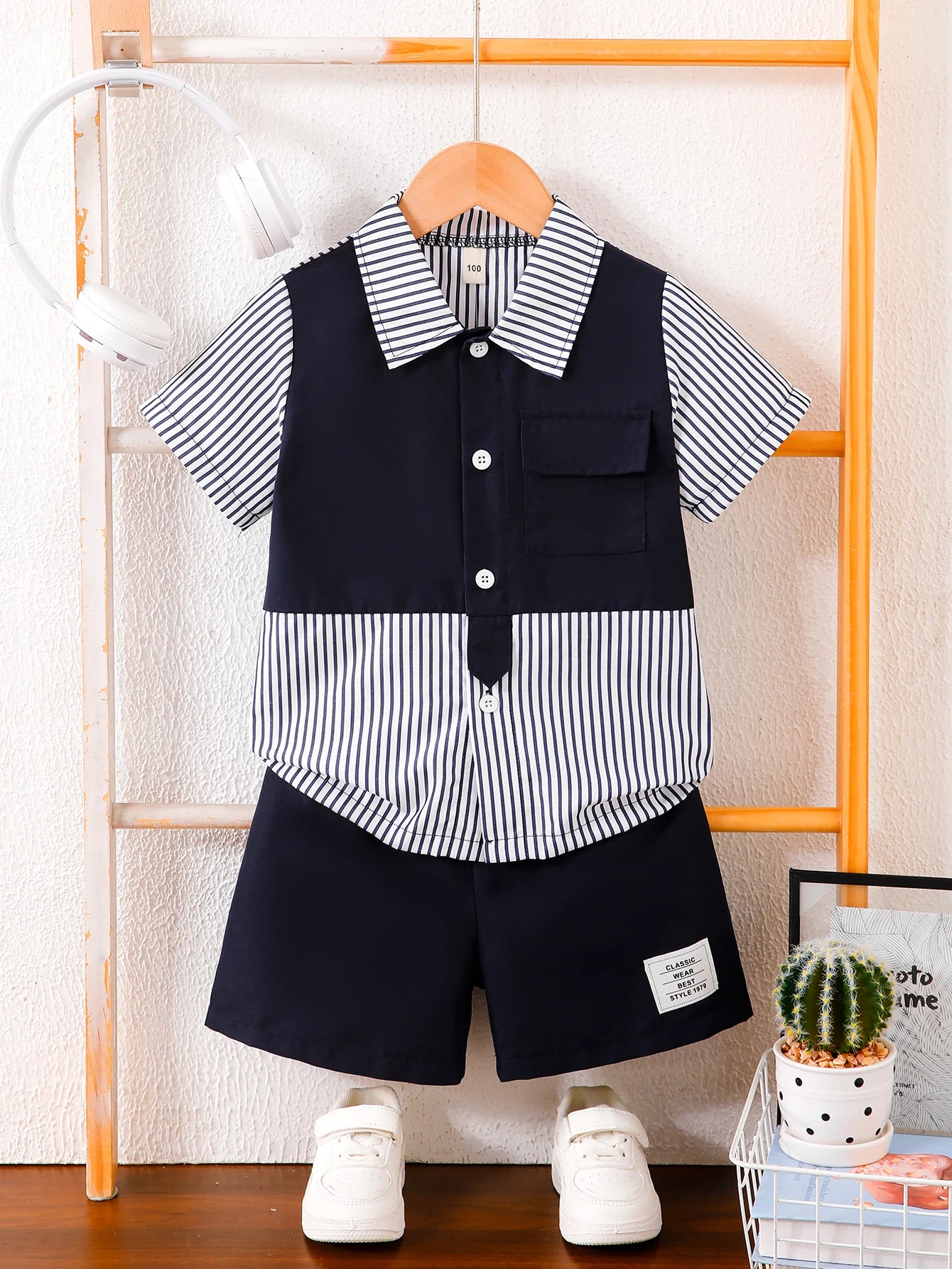 Boys Short Sleeve Shirt & Shorts 2-Piece Set | Striped Splice Design | Mini Modern
