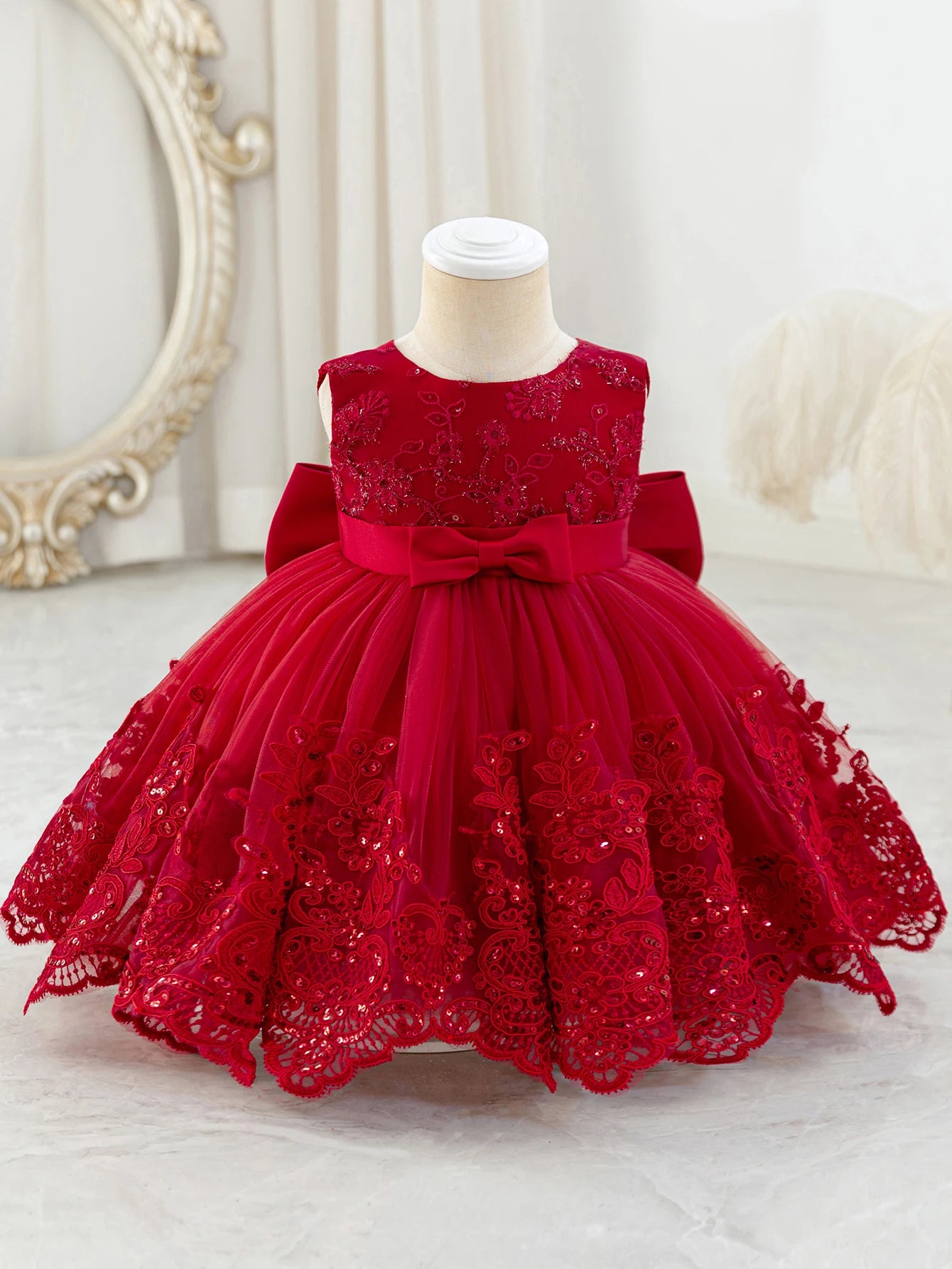 Baby Girl Royal Blue Lace Dress With Bow Puffy Mesh Party Dress Mesh Elegant Princess Dress