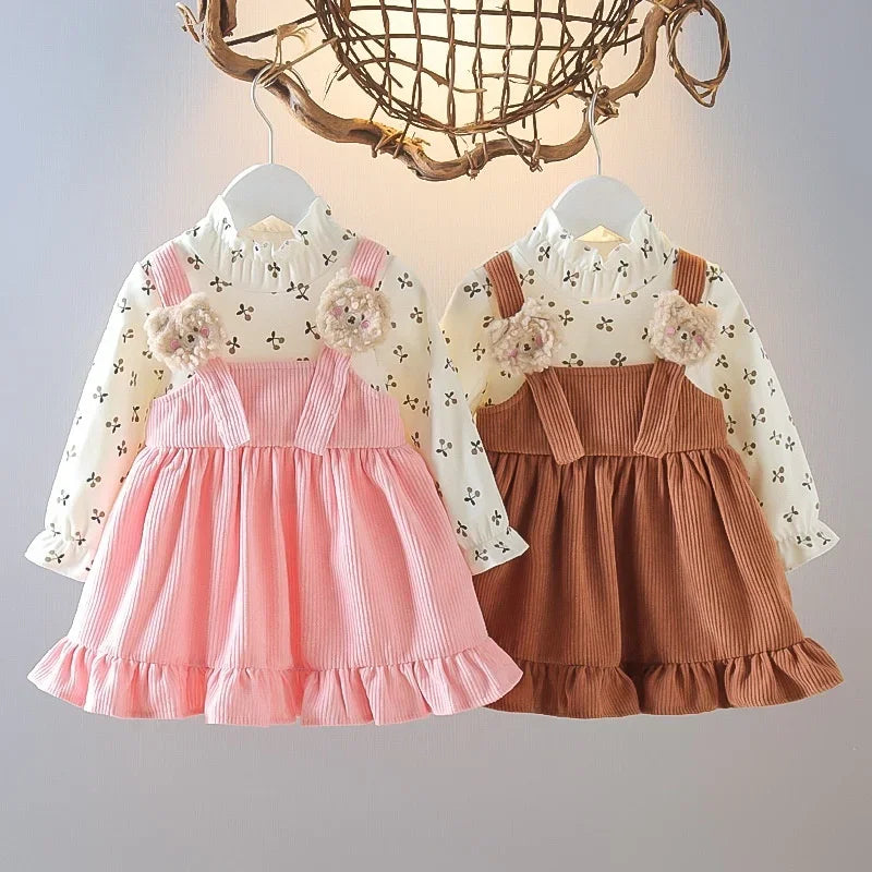 Girls Corduroy Bear & Cherry Print Dress