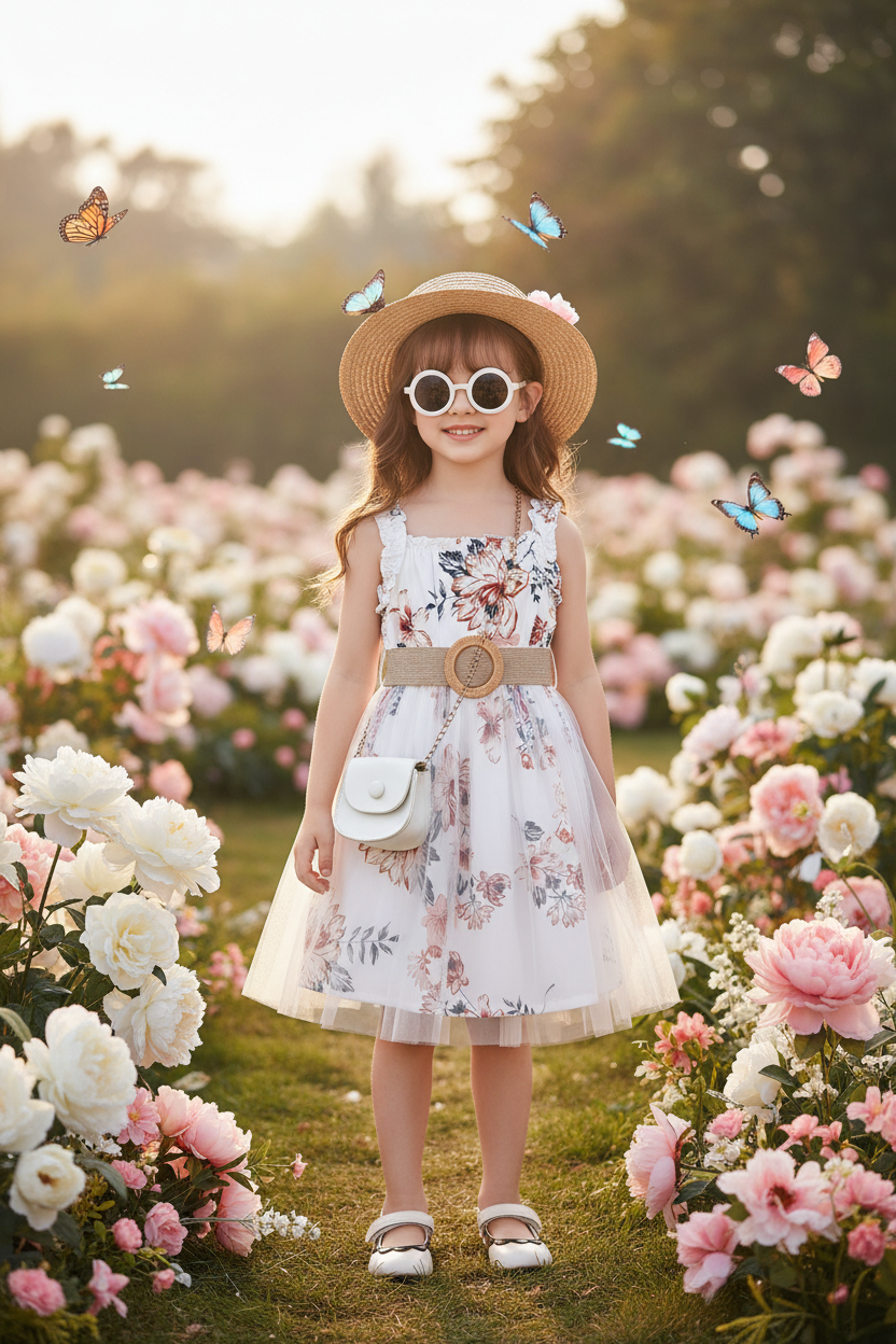 Girls Floral Mesh Suspender Dress with Belt