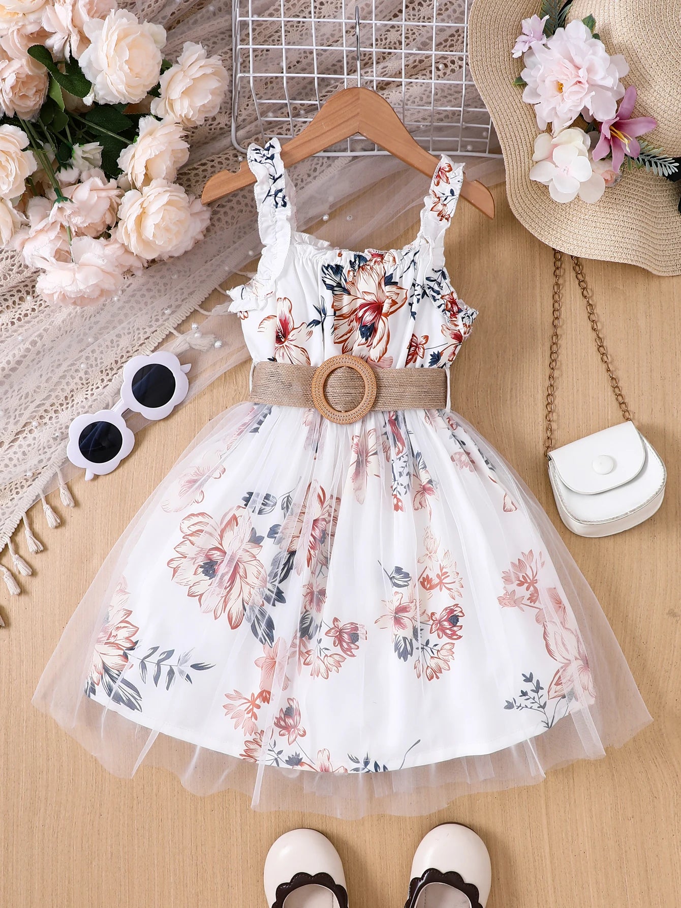 Girls Floral Mesh Suspender Dress with Belt