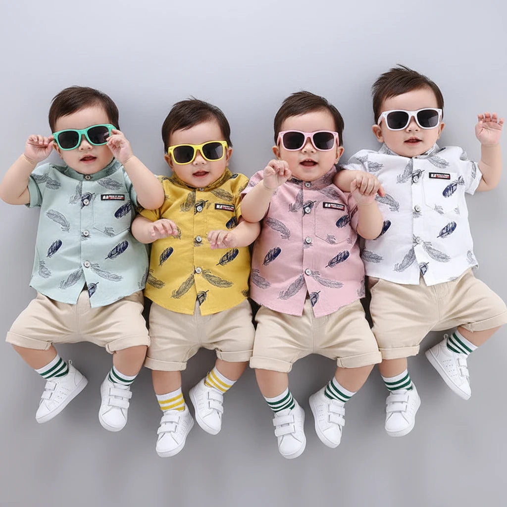 Baby Summer Feather Print Shirt & Shorts Set