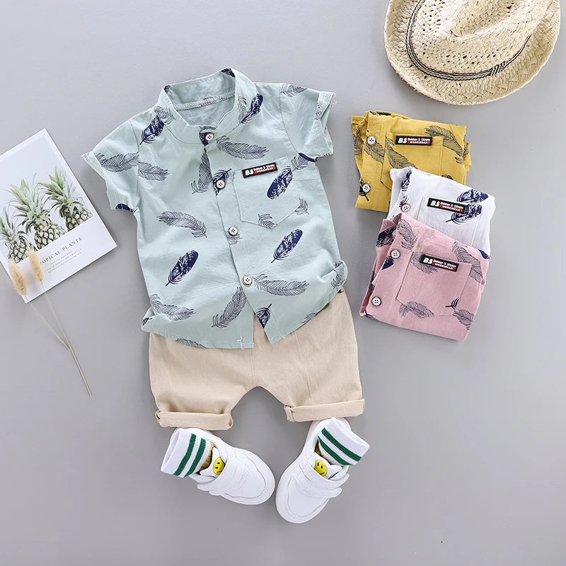 Baby Summer Feather Print Shirt & Shorts Set
