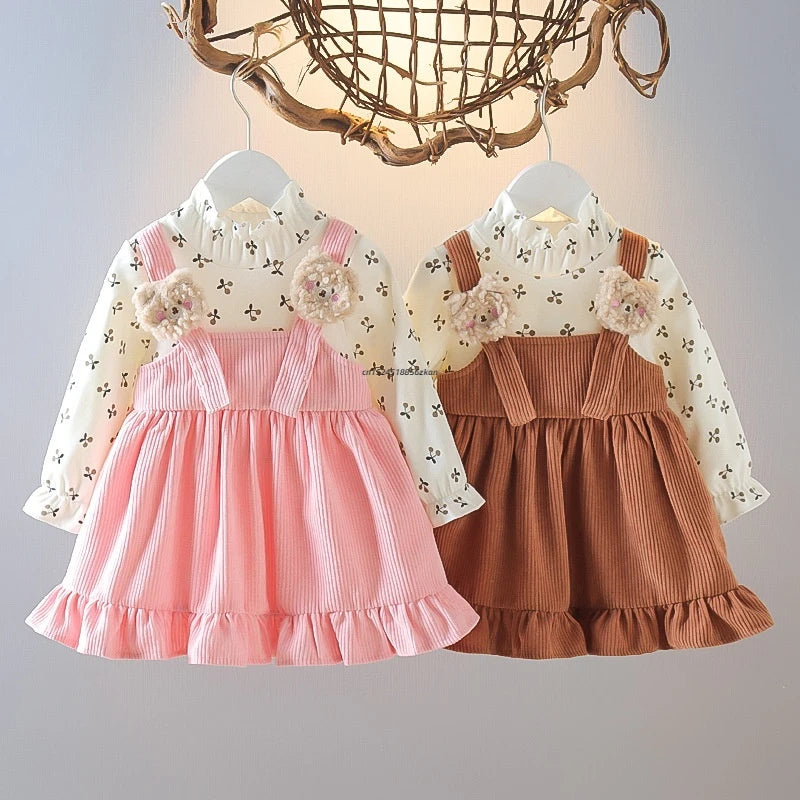 Girls Corduroy Bear & Cherry Print Dress